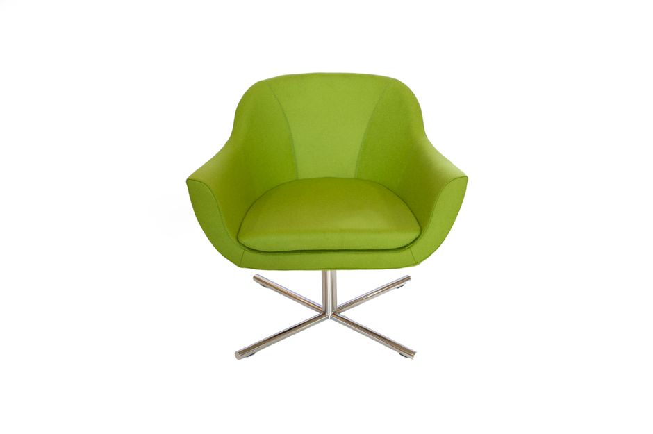 Minimalist green armchair with chrome base on a white background.